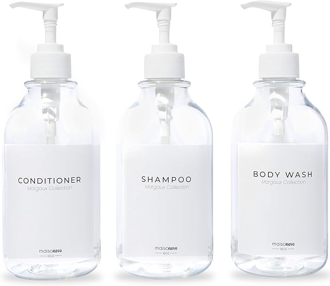 MaisoNovo Refillable Shampoo and Conditioner Bottles | 16.9 fl oz Set of 3 Clear Plastic Bottles White Pumps