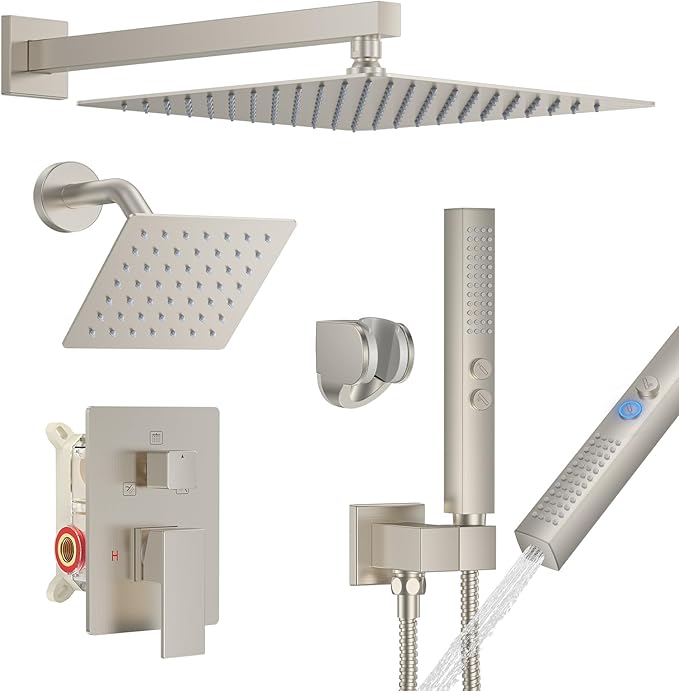 Shower Faucet Set, Wall Mount Shower System 12-inch & 6-inch Dual Shower Head Set with 2 in 1 Handheld Spray Rain Shower Faucet with Rough-in Valve and Shower Trim Kit, Brushed Nickel
