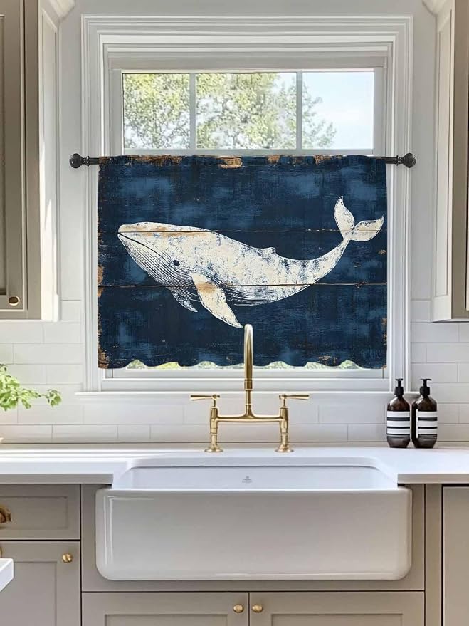 Sheer Curtains 54 Inch Length, Ocean Whale Blue Semi Sheer Curtains Light - Image 3