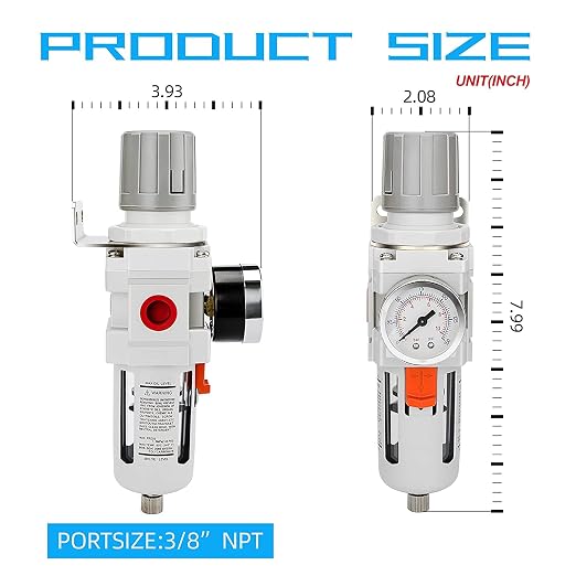 NANPU 3/8" NPT Compressed Air Filter Regulator Combo Piggyback, Semi-Auto Drain - Image 3