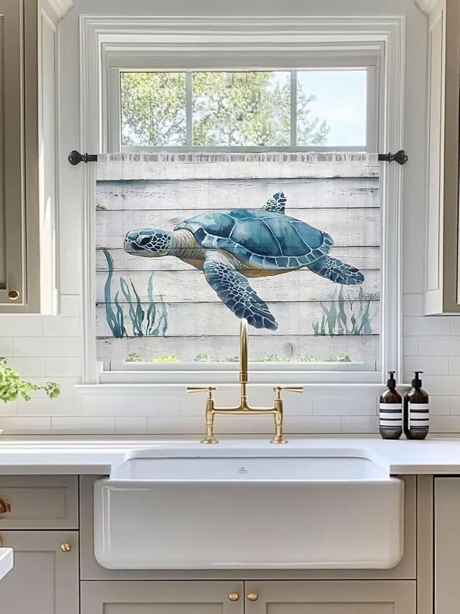 Sheer Curtains 54 Inch Length, Sea Turtle Blue Semi Sheer Curtains Light - Image 3