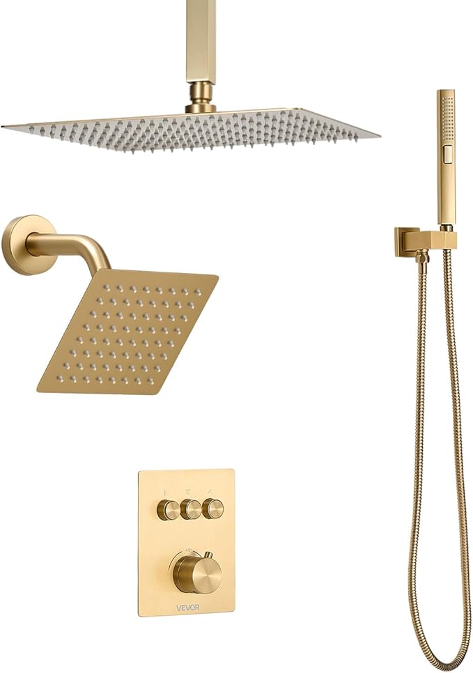 VEVOR Shower Faucet Set, 12 Inch Thermostatic Ceiling Mount Rainfall Shower System with 6 Inch Wall Mount Head and 2 in 1 Handheld Spray, 3-Function Dual Rain Head Brass Valve Trim Kit, Brushed Gold