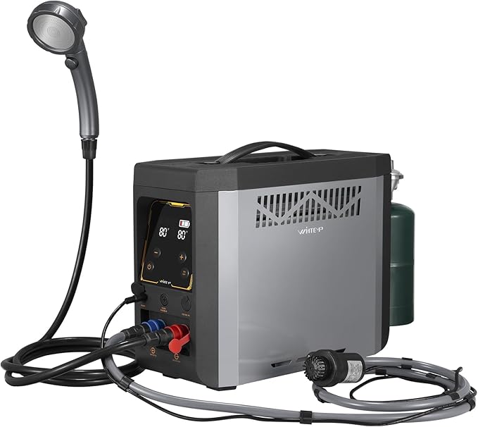Powered Portable Water Heater, On-Demand Propane Camping Shower, Battery-Powered Camping Water Heater & Shower Pump Constant Temperature, Rechargeable Battery