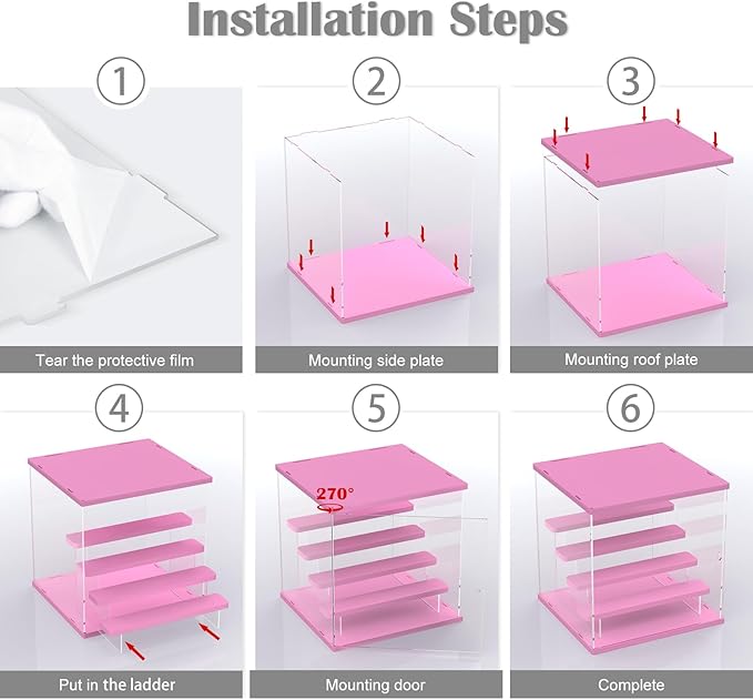 Choowin 5 Tier Clear Acrylic Lighted Display Case for Collectibles, Mini Figures, Pop Mart, Labubu, Sonny Angel, Smiski - Assemble Dustproof Display Box with Door, Stand (Pink Top Base, Clear Step)