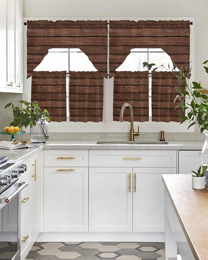 Brown Wooden Board Swag Kitchen Curtains Valance and Tier Set, Vintage Wood - Image 3