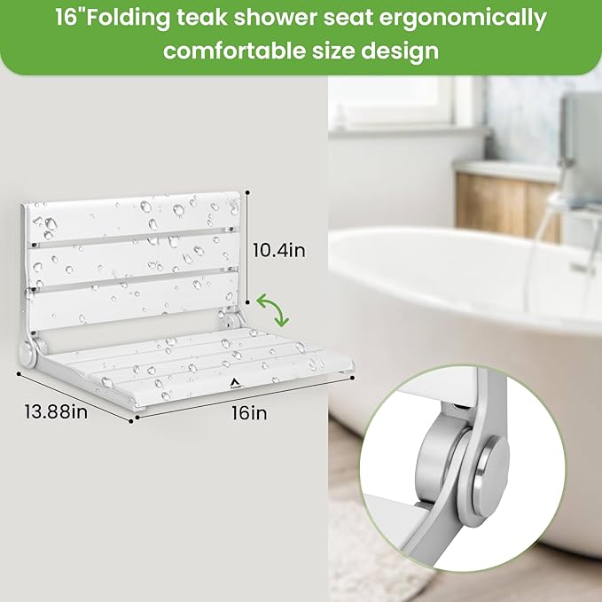 Wall Mounted Shower Seat – 16IN Teak Fold Down Shower Seat for Elderly, Disabled & Pregnant Women – Sturdy Shower Benches for Inside Shower with 400LB Capacity – 2025 Premium White Shower Bench