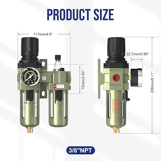 NPT 3/8" Air Regulator with Gauge, Air Compressor Water Separator with - Image 2
