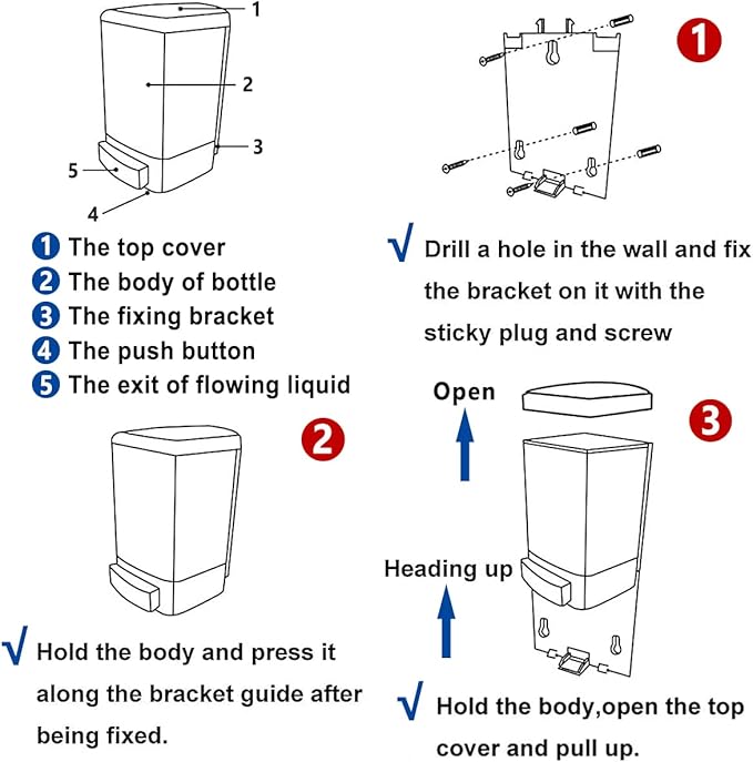 Manual Soap Dispenser Bathroom Kitchen Wall Mounted Commercial Soap Dispenser for Liquid Containers Shampoo Gel Chamber Plastic - (33.8 oz) 1000ml