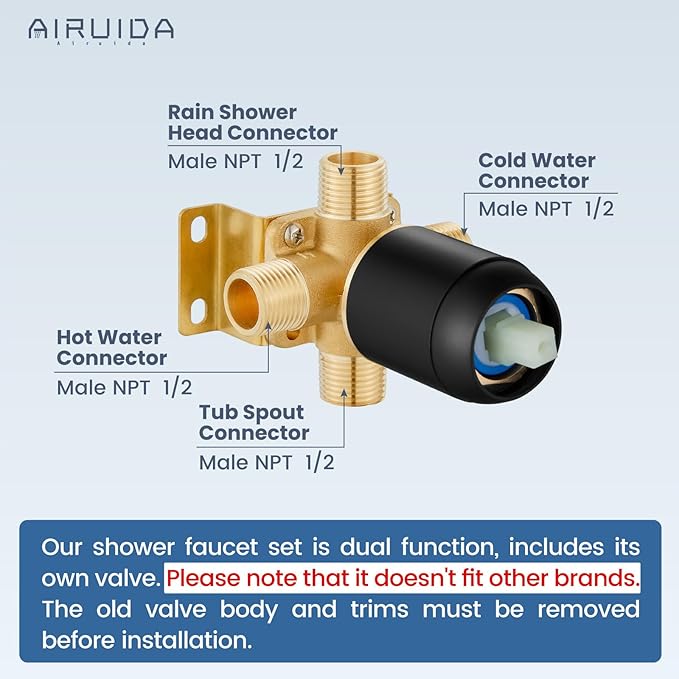 Airuida Shower Faucet Set and Handle Set Single Function Shower Trim Kit Ceiling Mount Rainfall Shower System with Male Threads and Rough-in Valve 12 Inch Square Shower Head Matte Black