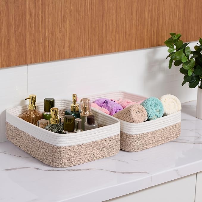 Large Shallow Organizing Baskets 15x11x5.1 Inches - Rope Woven Storage Bins for Bathroom, Shelves, Cube Closet, White Mixed Brown 3 Packs