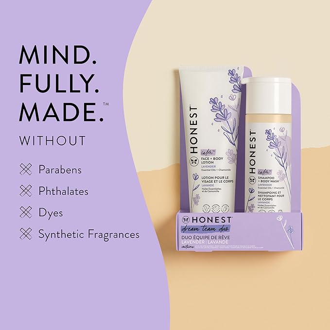 The Honest Company 2-in-1 Cleansing Shampoo and Body Wash Face Lotion Bundle Gentle for Baby Naturally Derived Lavender Calm 18.5 fl oz