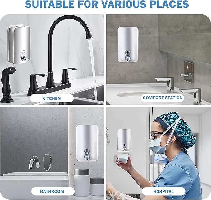 34 oz/1000ml Stainless Steel Commercial Soap Dispenser Wall Mount, Hand Soap Dispenser for Bathroom, Refillable Soap Liquid Dispenser for Bathrooms Kitchen Restaurants Hotel Hospitals