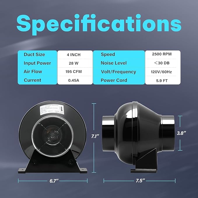 iPower 4 Inch 195 CFM Inline Fan, Air Carbon Filter, 8 Ft Al Foil Ducting - Image 4