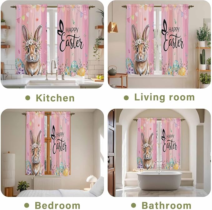 Easter Kitchen Curtains, Spring Rabbit Eggs Flowers Flags Leaves Wood Grain - Image 8