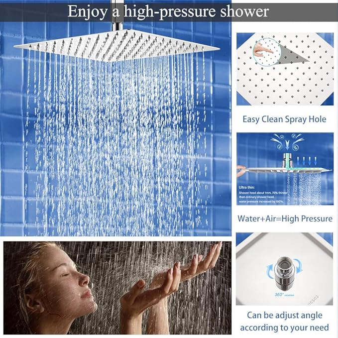 12 Inch Polish Chrome Ceiling Mount Shower System Bathroom Luxury Rain Mixer Shower Combo Set Ceiling Rainfall Shower Head System Faucet Contain Rough-in Valve and Trim Included