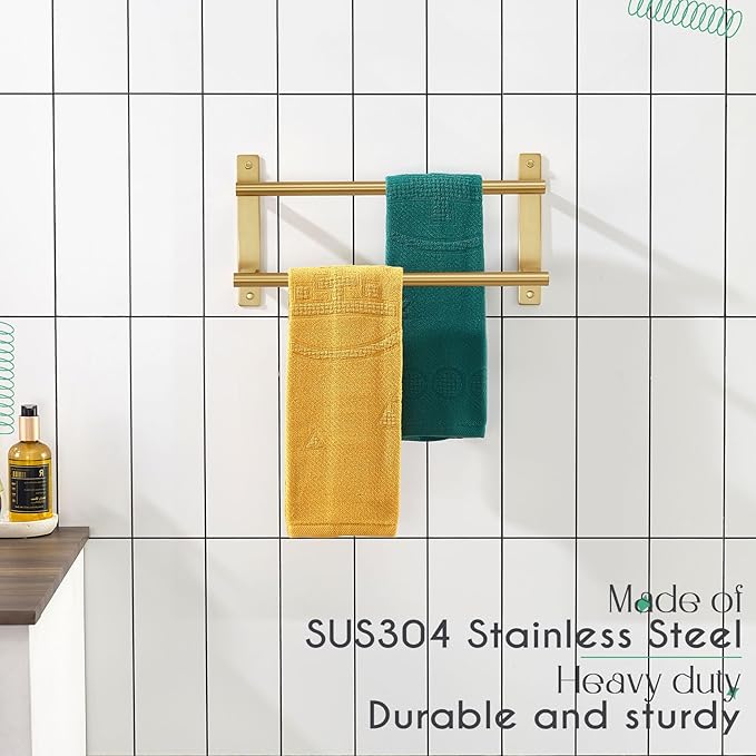 KOKOSIRI 16 Inch Bathroom Towel Racks Double Towel Bar Bath Towel Holder Towel Hanger Towel Shelf Wall Mount Stainless Steel Brushed Gold B5010BG-L16