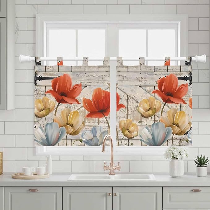 Retro Floral Kitchen Curtains 24 Inch Length, Small Window Curtains Tab Top - Image 3