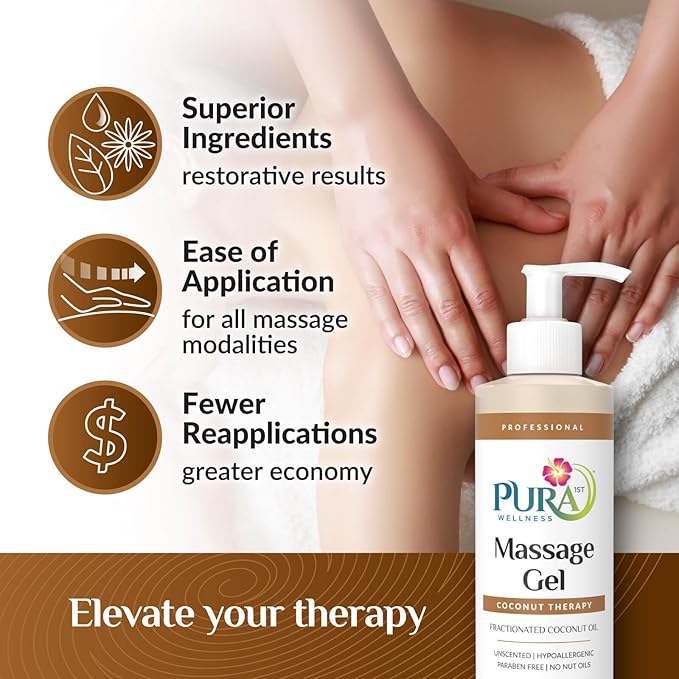 Coconut Therapy Massage Gel, Pura Wellness Massage Gel, Professional Deep Tissue Therapy, Coconut Massage, Unscented, Recovery 8oz