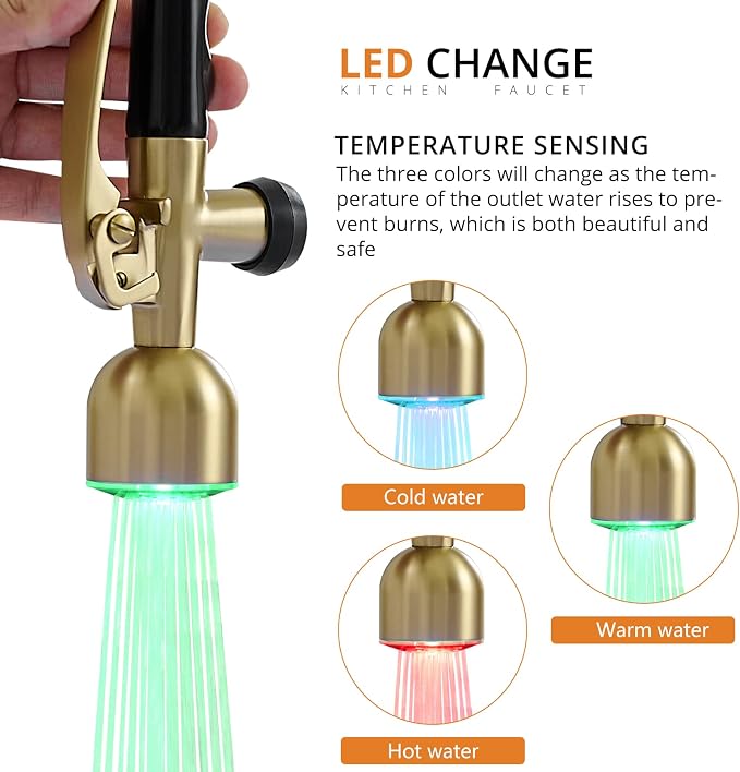 Fapully Single Handle High Arc Brushed Gold Pull Down Kitchen Faucet LED - Image 2