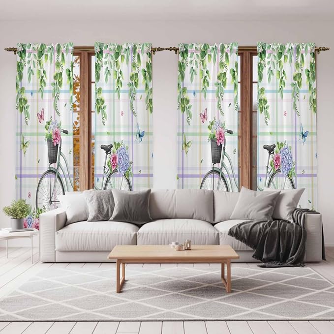 Spring Kitchen Curtains, Bicycles Botanical Leaves Rose Colorful Stripes Light - Image 7