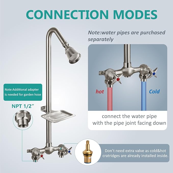 Aolemi Outdoor Shower Kit Fixtures Faucet System with High Pressure Showerhead Utility 2-Handle Exposed Shower with Brass Mix Valve 6 Inch Center with Soap Dish Brushed Nickel