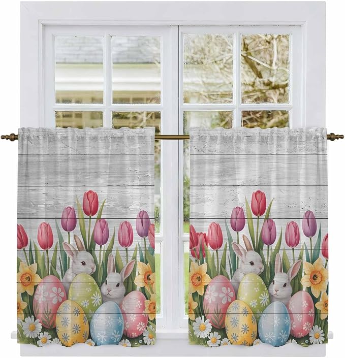 Easter Kitchen Curtains 54 Inch Long 2 Panel Set, Rod Pocket Window Curtains - Image 2
