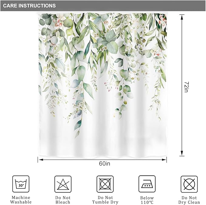 Riyidecor Sage Green Eucalyptus Leaves Shower Curtain for Bathroom Decor 60Wx72H Leaf Plants Botanical Spring Natural Floral Watercolor Art Printed Fabric Polyester Waterproof 12 Pack Plastic