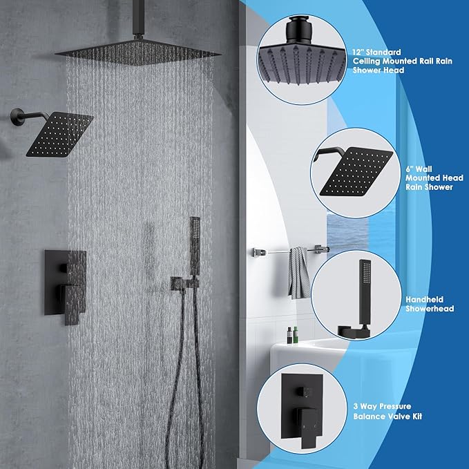 Shower System Dual Shower Heads with 12" Ceiling Mounted Rain Shower Head & 6" Wall Mounted Head Full Body Luxury Rain Shower System 3 Way Pressure Balance Valve Kit, Matte Black