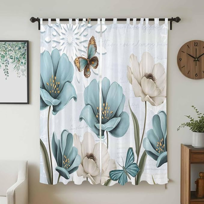 Blue Tulips Living Room Curtains 96 Inch Length, Window Curtains Tab Top - Image 2