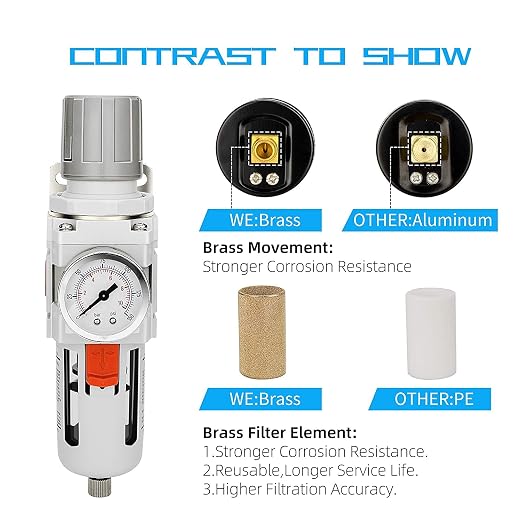 NANPU 1/2" NPT Compressed Air Filter Regulator Combo Piggyback, 5 Micron Brass - Image 5