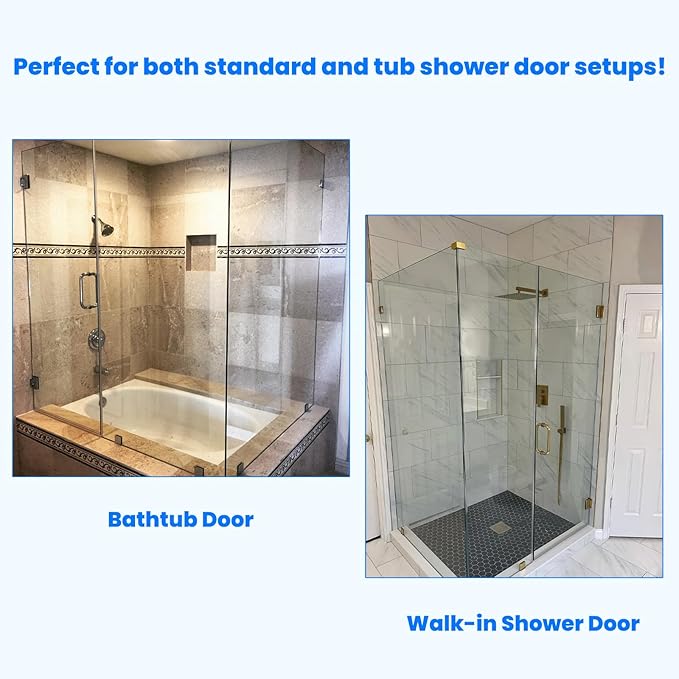 Shower Door Hardware Kit for Frameless Corner Shower Setup, Includes Hinges, Square Pull Handles, U-Clamps and Connector, for 5/16"–3/8" Glass, Bathtub or Standing Shower Use, Chrome