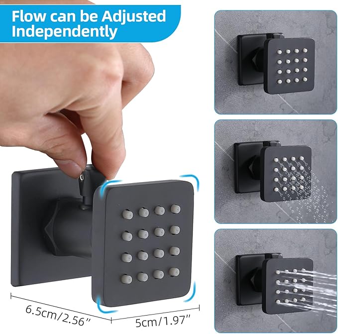 Enga Shower System Body Jets with On-Off Switch, 16 Inch Rain Shower Head System Full Body Spray Massage Shower Set, Multi Head Shower Faucet Combo, Matte Black