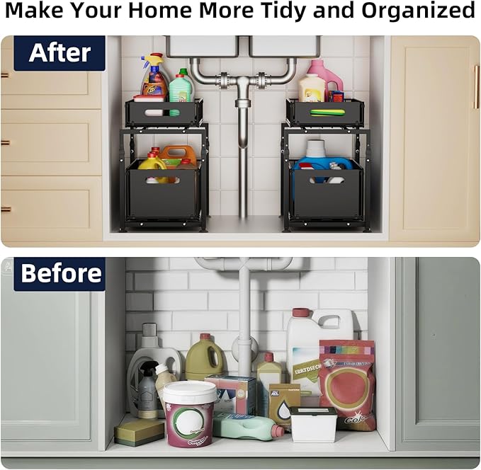 MIKEE Under Sink Organizer, 2 Tier Under Sink Organizers and Storage,Bathroom Cabinet Organizer with Adjustable Height, Pull Out Sink Shelf Cabinet Storage Shelves for Kitchen& Bathroom, Black