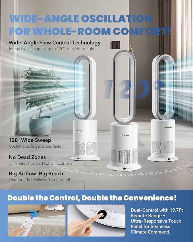 Hanchen Dual-Tech Bladeless Tower HEPA Fan, Ultra-Quiet 3-in-1 Cooling - Image 4