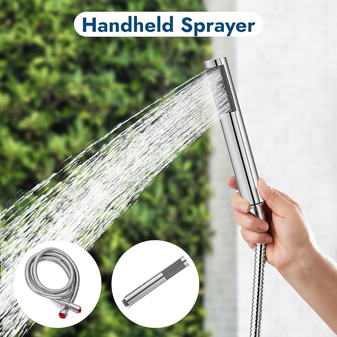 Polish Chrome Wall Mount Outdoor Shower Kit with Hand Held Sprayer Double Cross Handles with Adjustable Slide Bar Dual Function Exposed Shower Faucet System