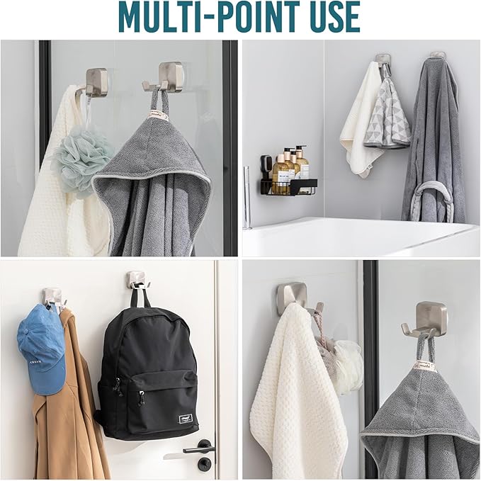 TAILI Patented Strong Suction Cup Hook, Thickened 304 Stainless Steel Bathroom Suction Holder for Towel, Loofah, Bathrobe, Damage-Free Hanging Shower Wall Hook, Double-Hook Widening Design, Silver