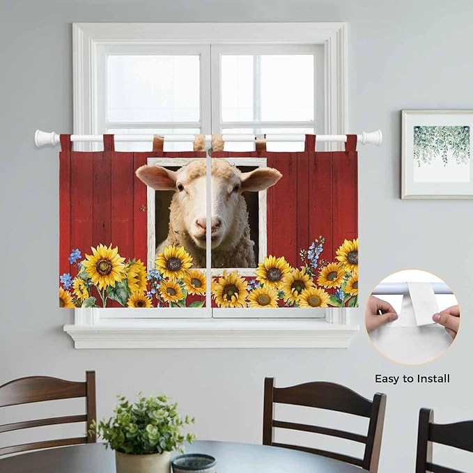 Sheep Sunflower Kitchen Curtains 36 Inch Length, Small Window Curtains Tab Top - Image 4