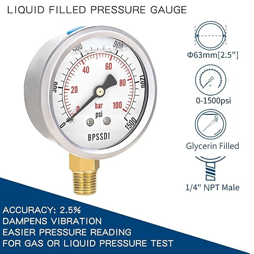 0-1500 Psi Glycerin Liquid Filled Hydraulic Pressure Gauge, 2.5" Dial Size - Image 2