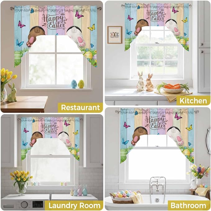 Swag Valance Curtains, Happy Easter Rabbit Butt Egg on Daisy Leaf Rod Pocket - Image 6