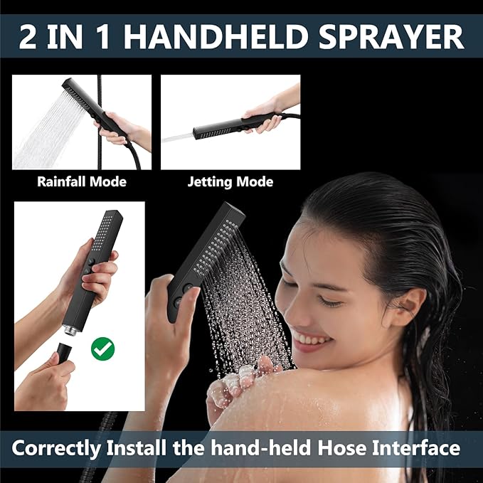 Aolemi Shower Faucet Set Ceiling Mount Shower System Rough-in Valve and Shower Trim Kit 16 and 6 Inch Dual Shower Head 2 in 1 Handheld Spray Push Button Diverter Matte Black
