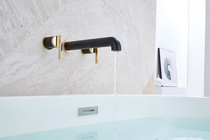 SITGES Polished Gold and Black Solid Brass Wall Mount Bathtub Faucet,10" High Flow Wall Mount Tub Filler with Two Lever Handles,High-End Design with Rough-in Valve Included