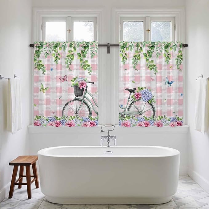 Spring Kitchen Curtains, Bicycles Leaves Butterfly Flowers Pink Buffalo Plaid - Image 5