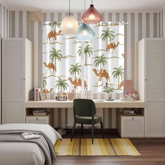 2 Panel Kitchen Cafe Curtains, Desert Camels Sunlight Filtering Nature Air - Image 5