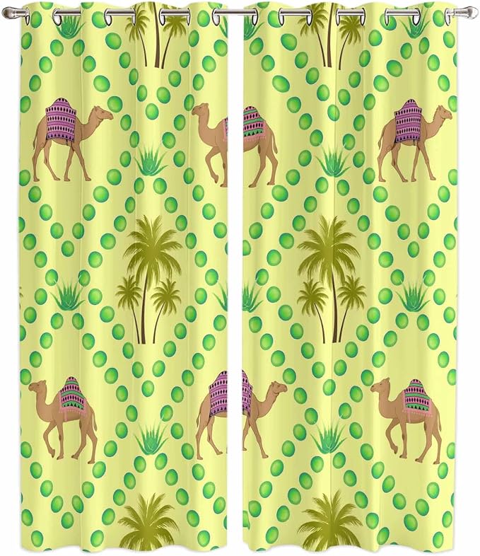 2 Panel Kitchen Cafe Curtains, Desert Sand Camels Sunlight Filtering Nature Air by Hokiten