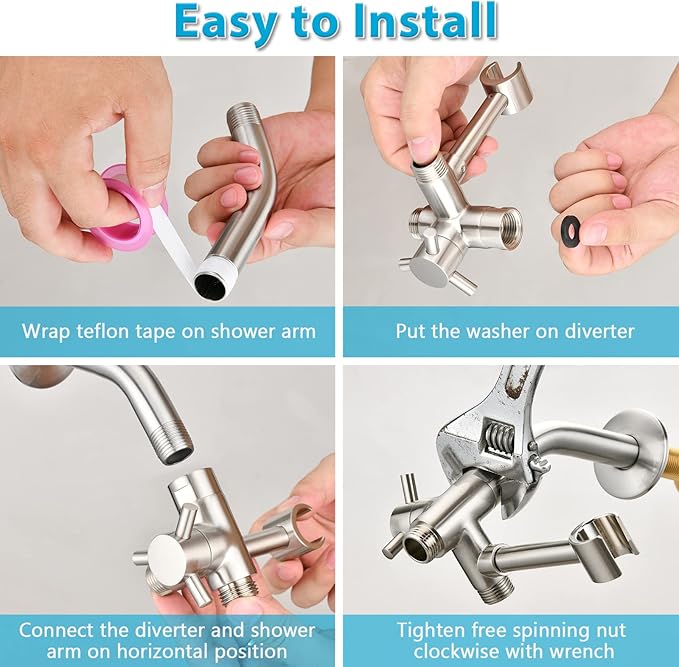 PDPBath Solid Brass Shower Arm 3 Way Shower Diverter Valve for Hand Held Showerhead and Fixed Spray Head, G1/2 Universal Connection - Brushed Nickel