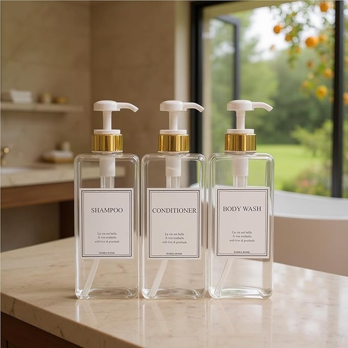 Modern Gold Design Shampoo and Conditioner Dispenser, Large 27oz Shower Soap Dispenser, Set of 3 Refillable Empty Plastic Pump Bottles for Bathroom, 6 Waterproof Labels Included, (Clear & White)