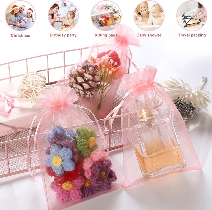 Hopttreely 100pcs Organza Bags, Pink 4''x4.72''(10x12cm) Satin Drawstring Organza Pouch Wedding Party Favor Gift Bag Jewelry Watch Bags
