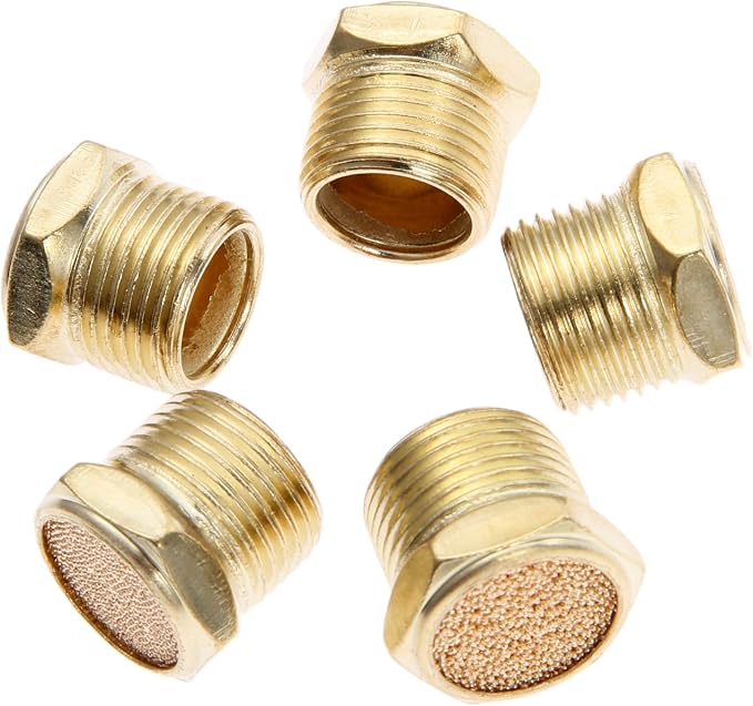 5PCS 3/8" Brass Muffler, Pneumatic Air Vent Silencer, Hex Sintered Filter Male - Image 2