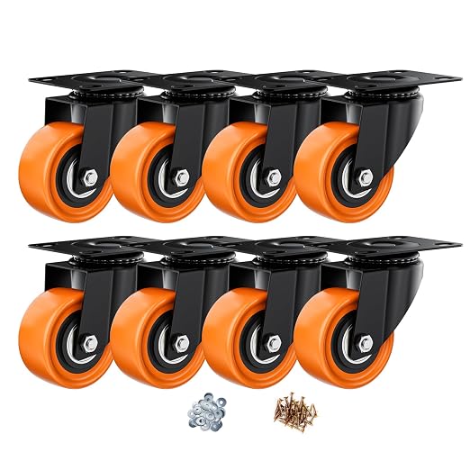 2" Swivel Plate Casters Set of 8 Heavy Duty 400 lbs | Orange PU, Non-Marking by ASHGOOB