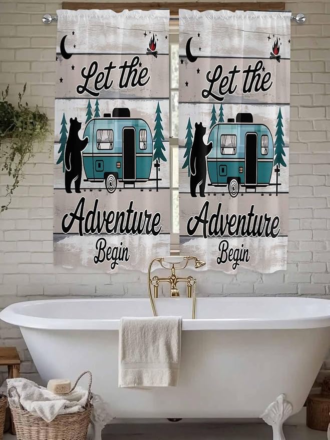 Farmhouse Bear Camper Van Tree Window Valance Curtains, Vintage Wood Grain - Image 5